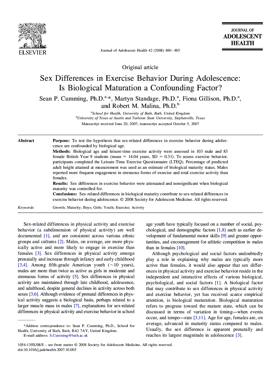 Sex Differences in Exercise Behavior During Adolescence: Is Biological Maturation a Confounding Factor?