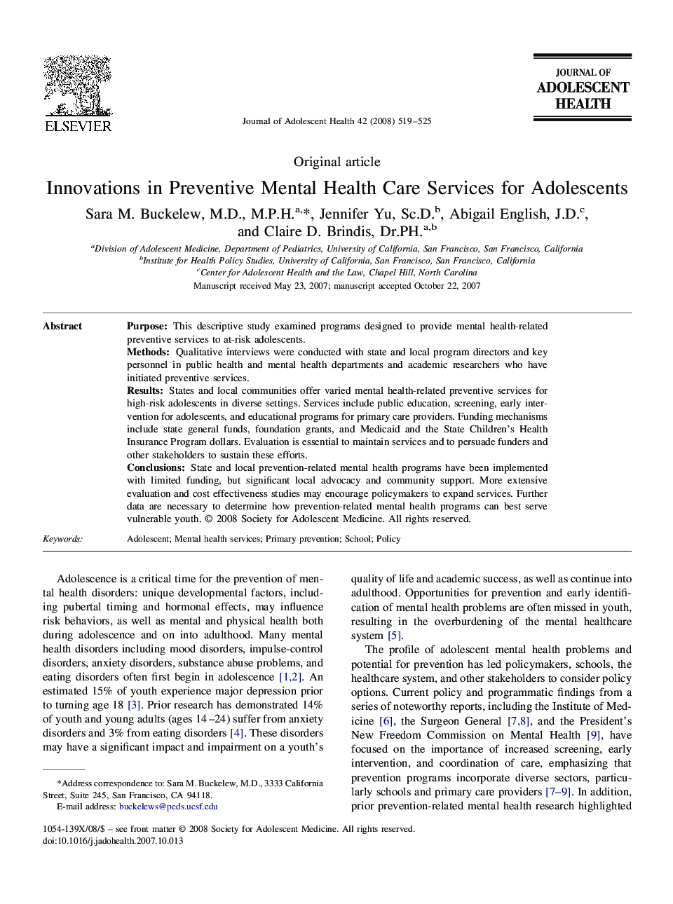 Innovations in Preventive Mental Health Care Services for Adolescents