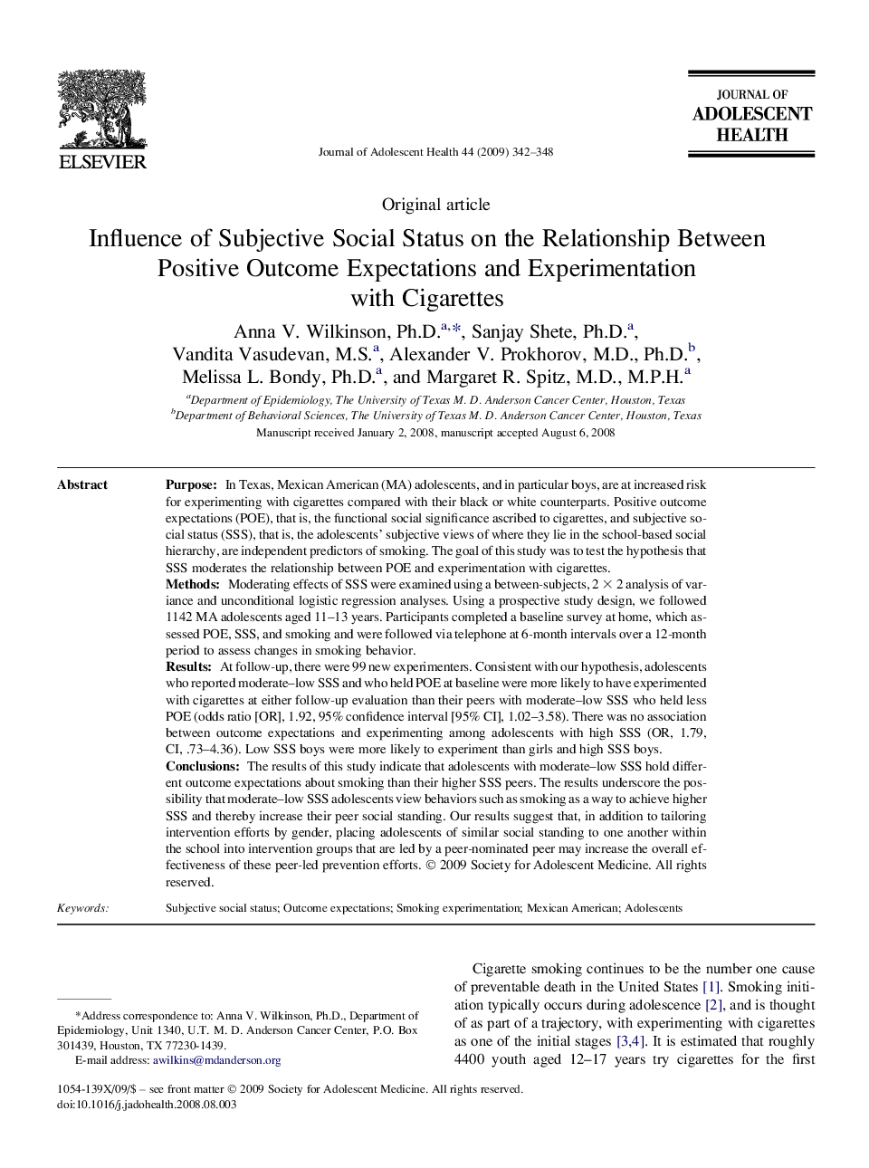 Influence of Subjective Social Status on the Relationship Between Positive Outcome Expectations and Experimentation with Cigarettes