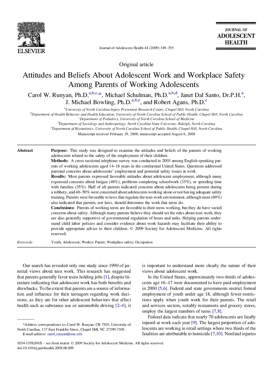 Attitudes and Beliefs About Adolescent Work and Workplace Safety Among Parents of Working Adolescents