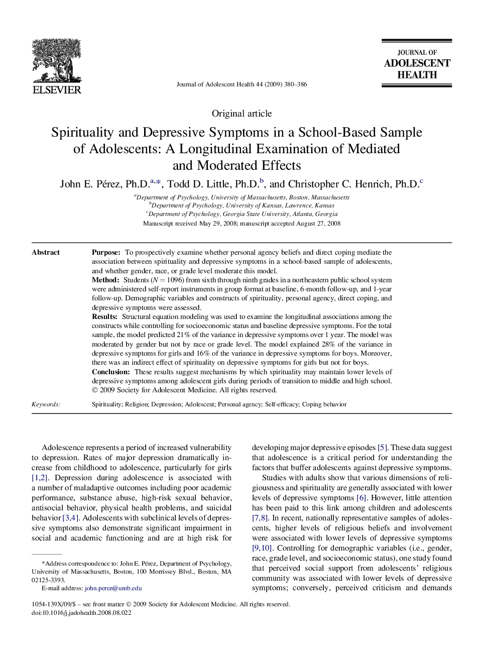 Spirituality and Depressive Symptoms in a School-Based Sample of Adolescents: A Longitudinal Examination of Mediated and Moderated Effects