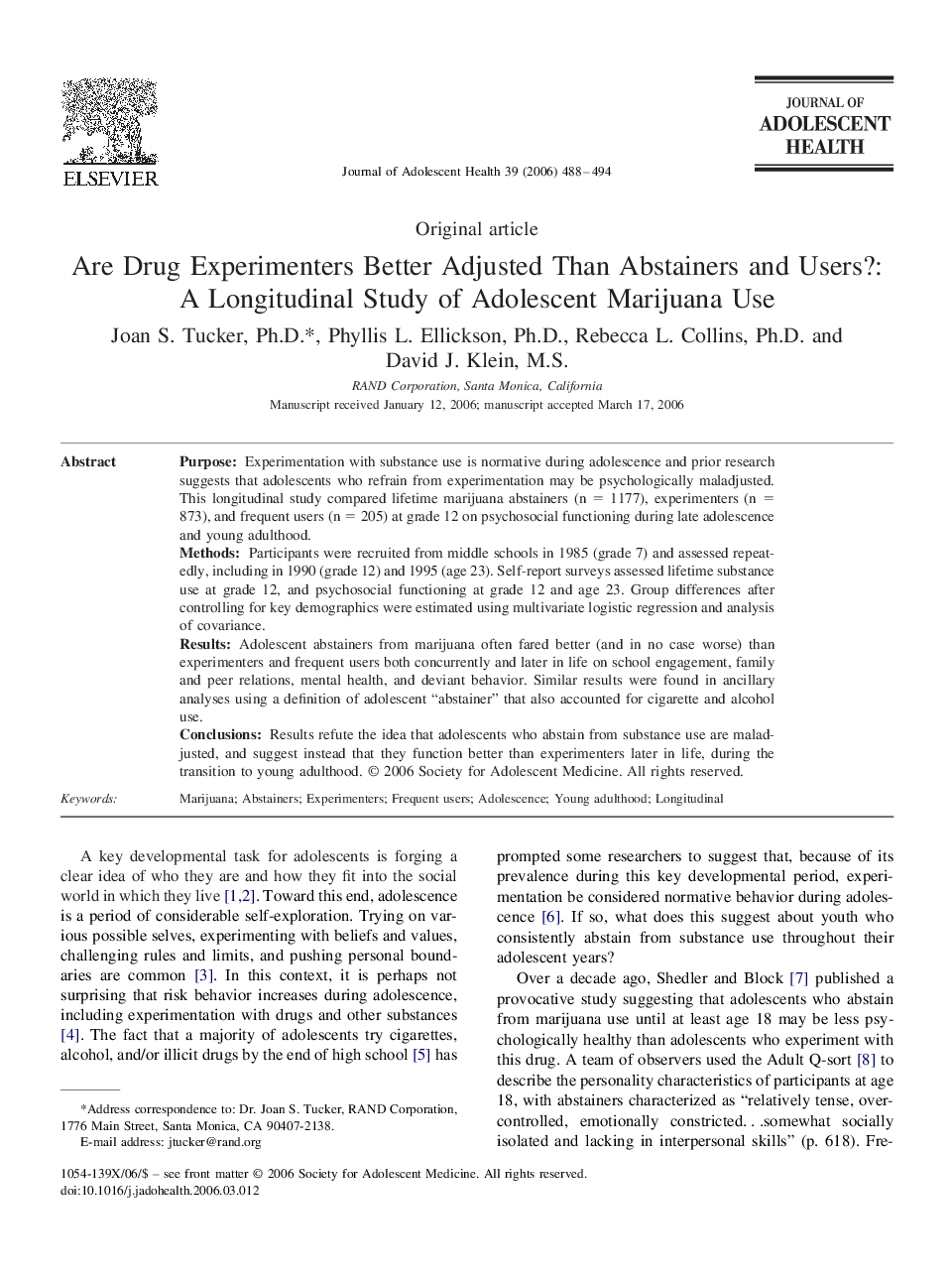 Are Drug Experimenters Better Adjusted Than Abstainers and Users?: A Longitudinal Study of Adolescent Marijuana Use