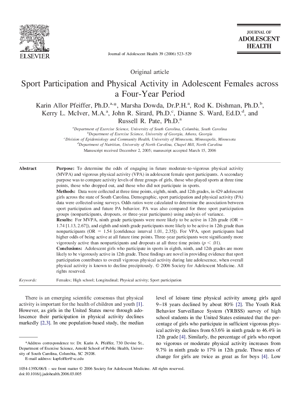 Sport Participation and Physical Activity in Adolescent Females across a Four-Year Period