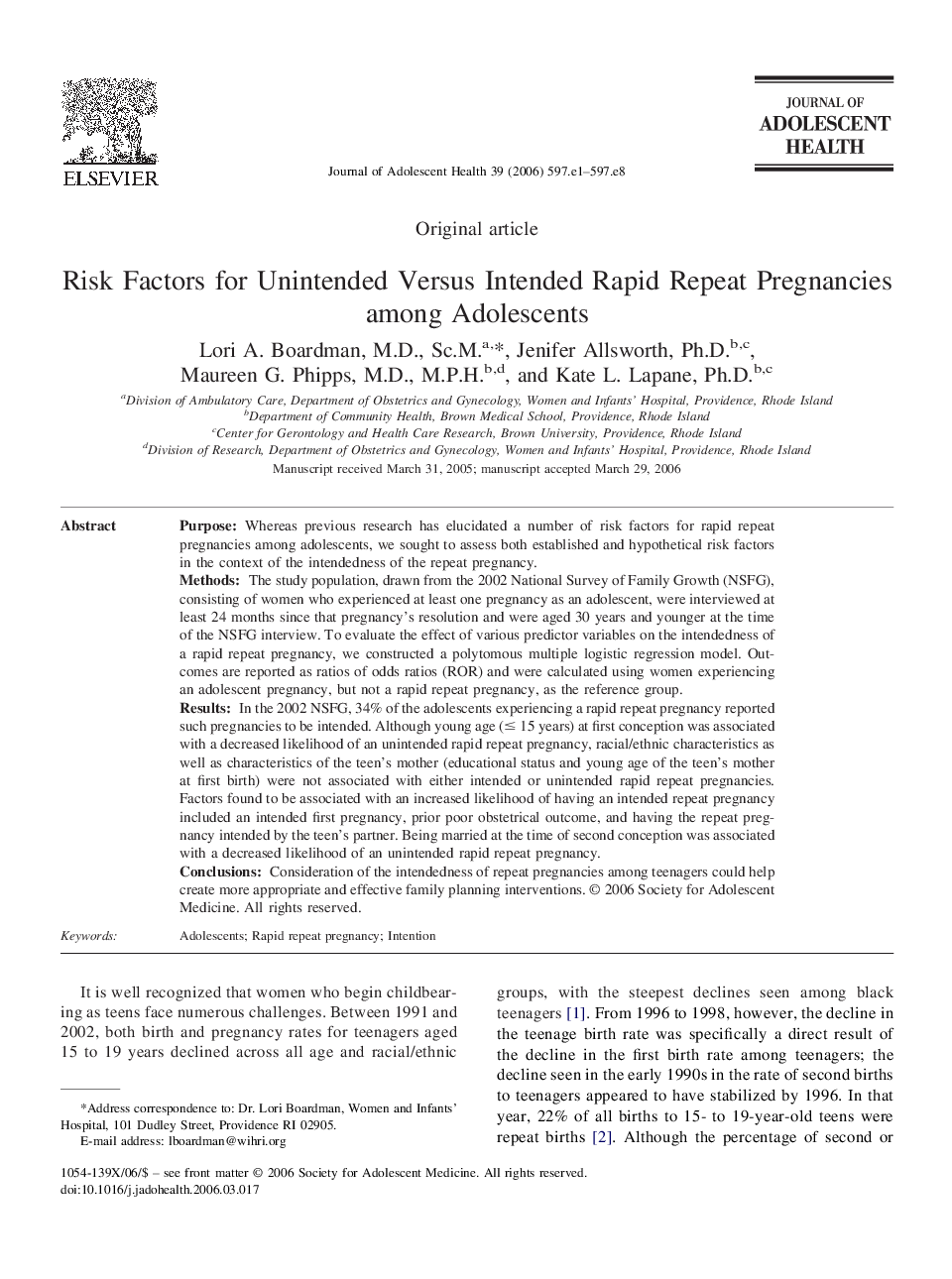 Risk Factors for Unintended Versus Intended Rapid Repeat Pregnancies among Adolescents