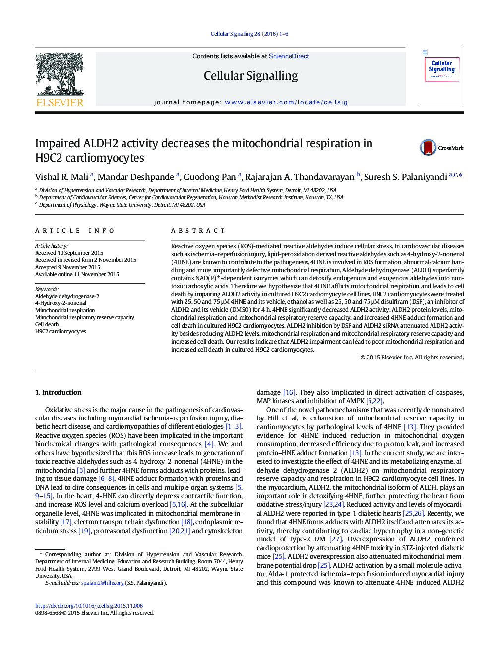 Impaired ALDH2 activity decreases the mitochondrial respiration in H9C2 cardiomyocytes