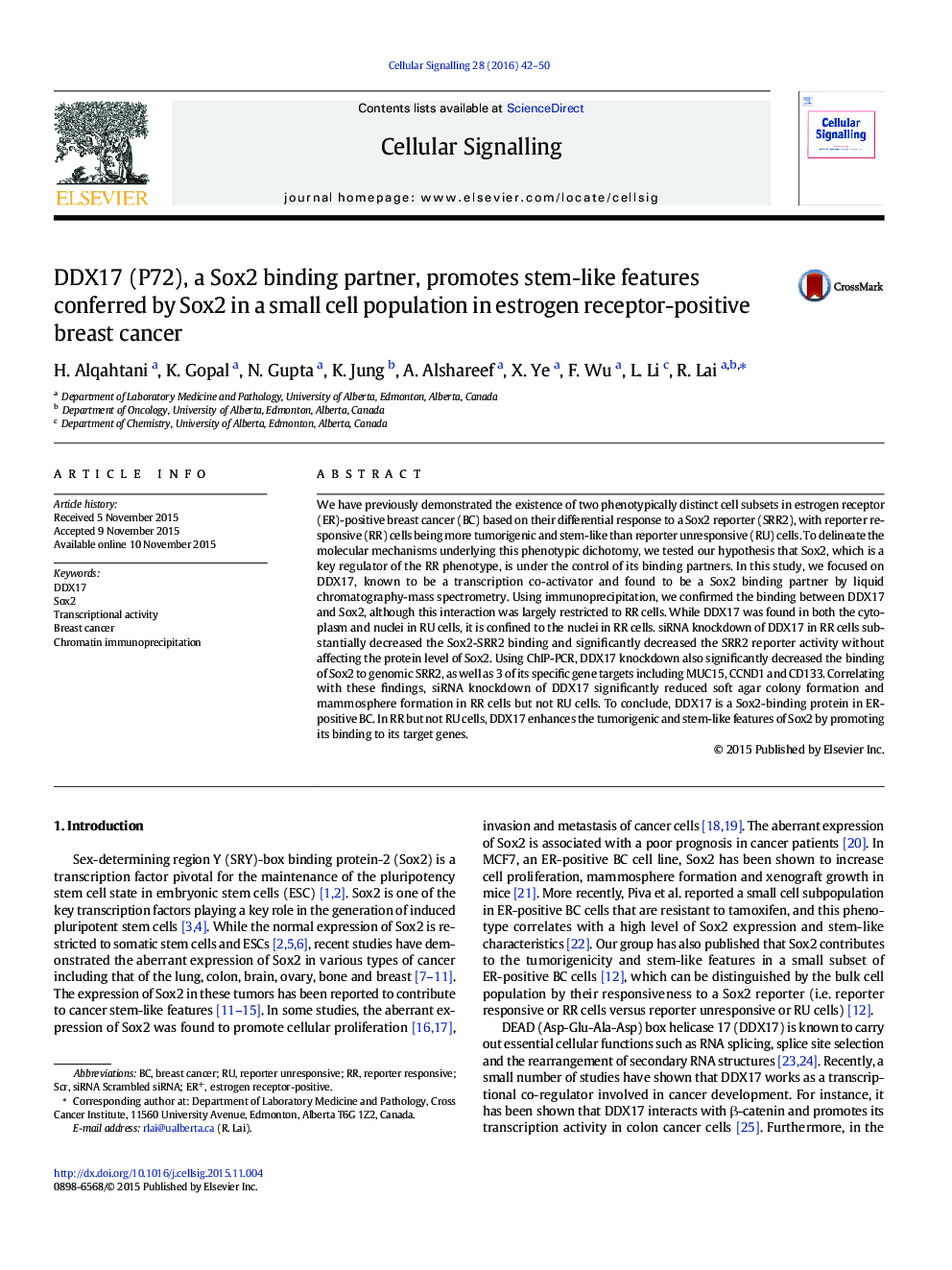 DDX17 (P72), a Sox2 binding partner, promotes stem-like features conferred by Sox2 in a small cell population in estrogen receptor-positive breast cancer