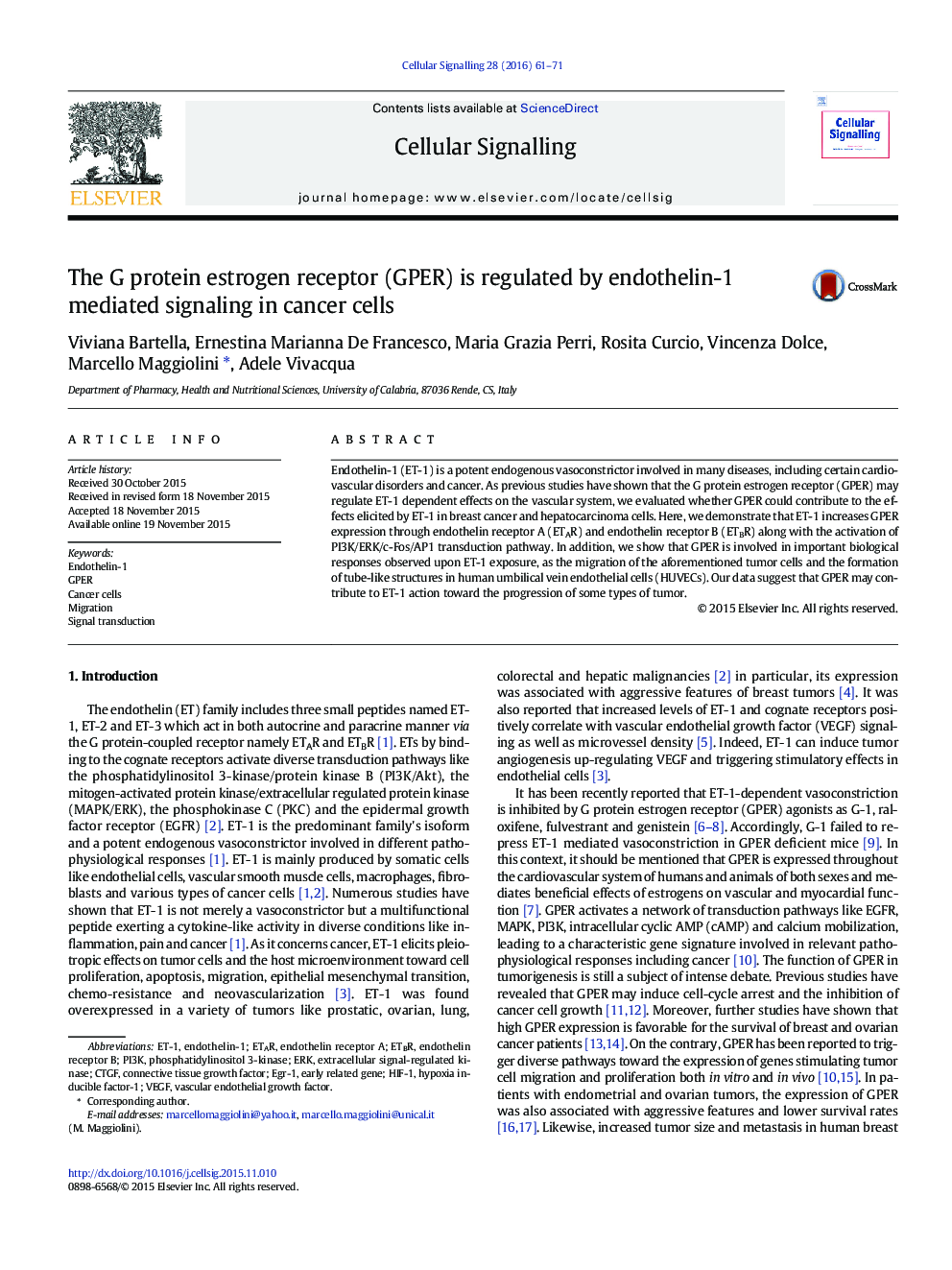 The G protein estrogen receptor (GPER) is regulated by endothelin-1 mediated signaling in cancer cells