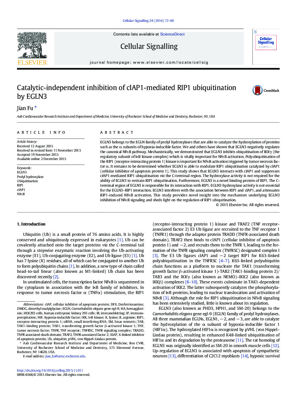 Catalytic-independent inhibition of cIAP1-mediated RIP1 ubiquitination by EGLN3