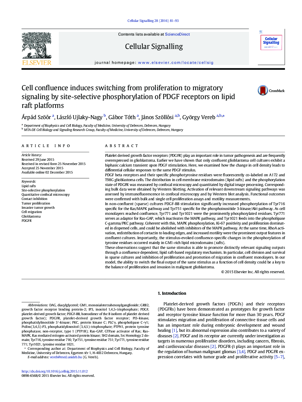 Cell confluence induces switching from proliferation to migratory signaling by site-selective phosphorylation of PDGF receptors on lipid raft platforms