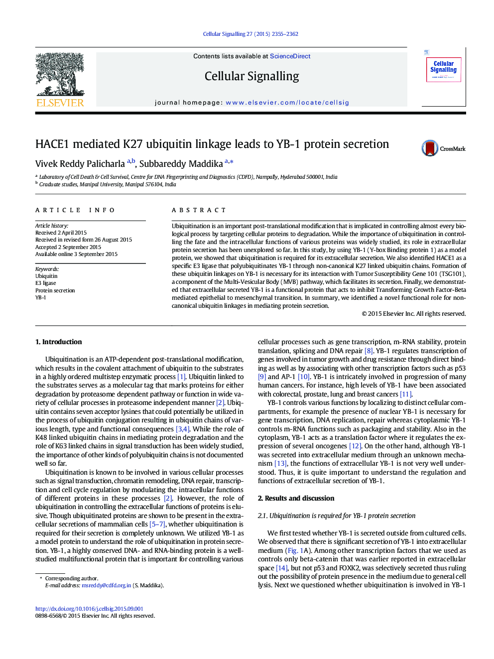 HACE1 mediated K27 ubiquitin linkage leads to YB-1 protein secretion