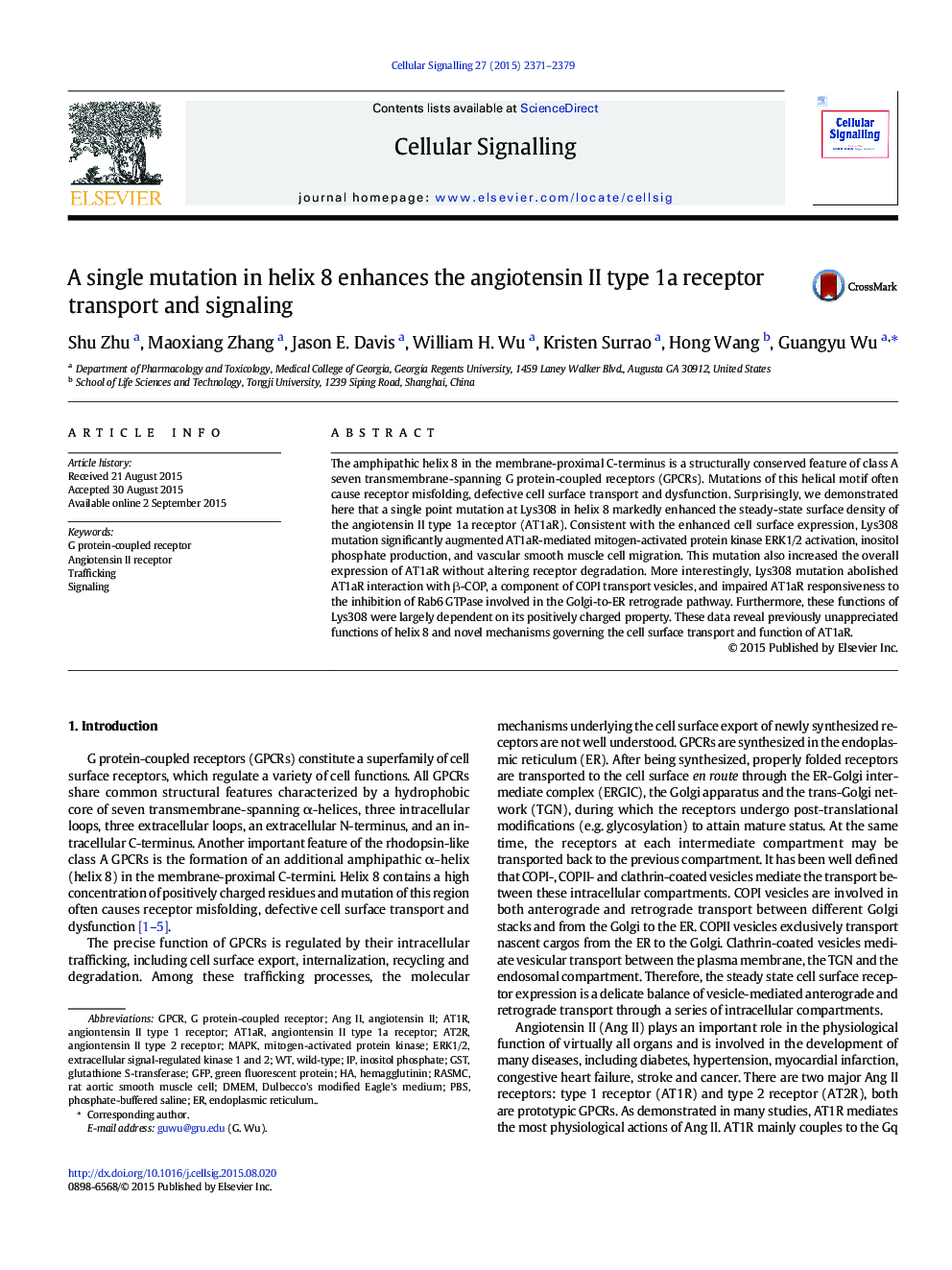 A single mutation in helix 8 enhances the angiotensin II type 1a receptor transport and signaling