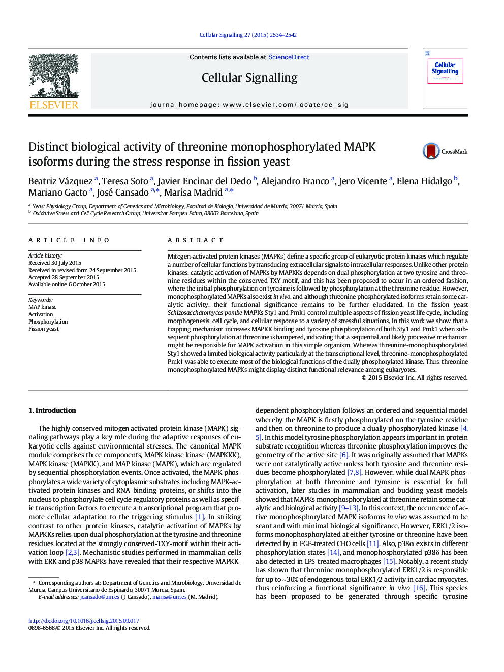 Distinct biological activity of threonine monophosphorylated MAPK isoforms during the stress response in fission yeast