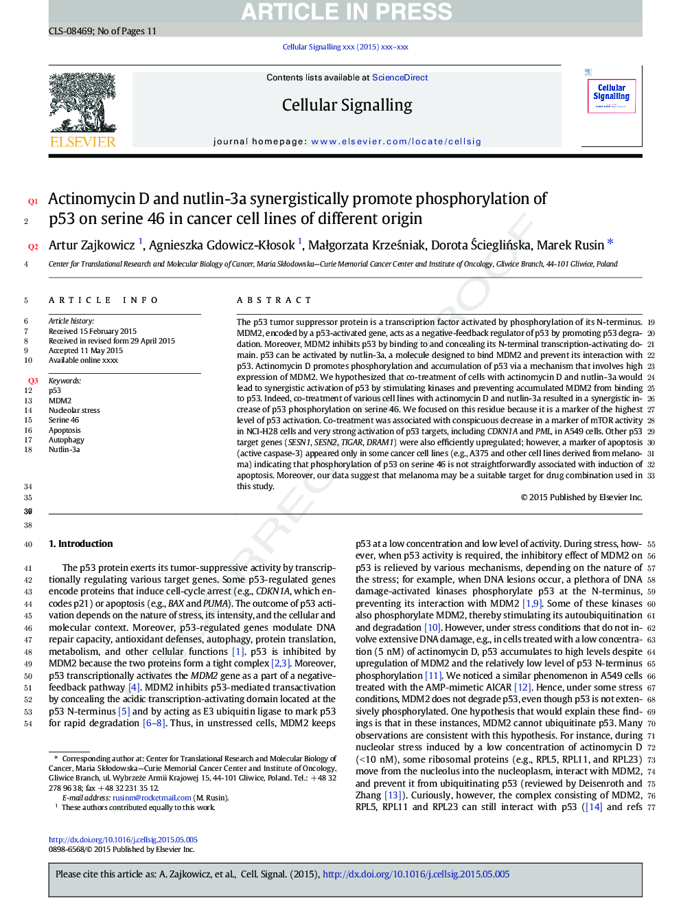 Actinomycin D and nutlin-3a synergistically promote phosphorylation of p53 on serine 46 in cancer cell lines of different origin