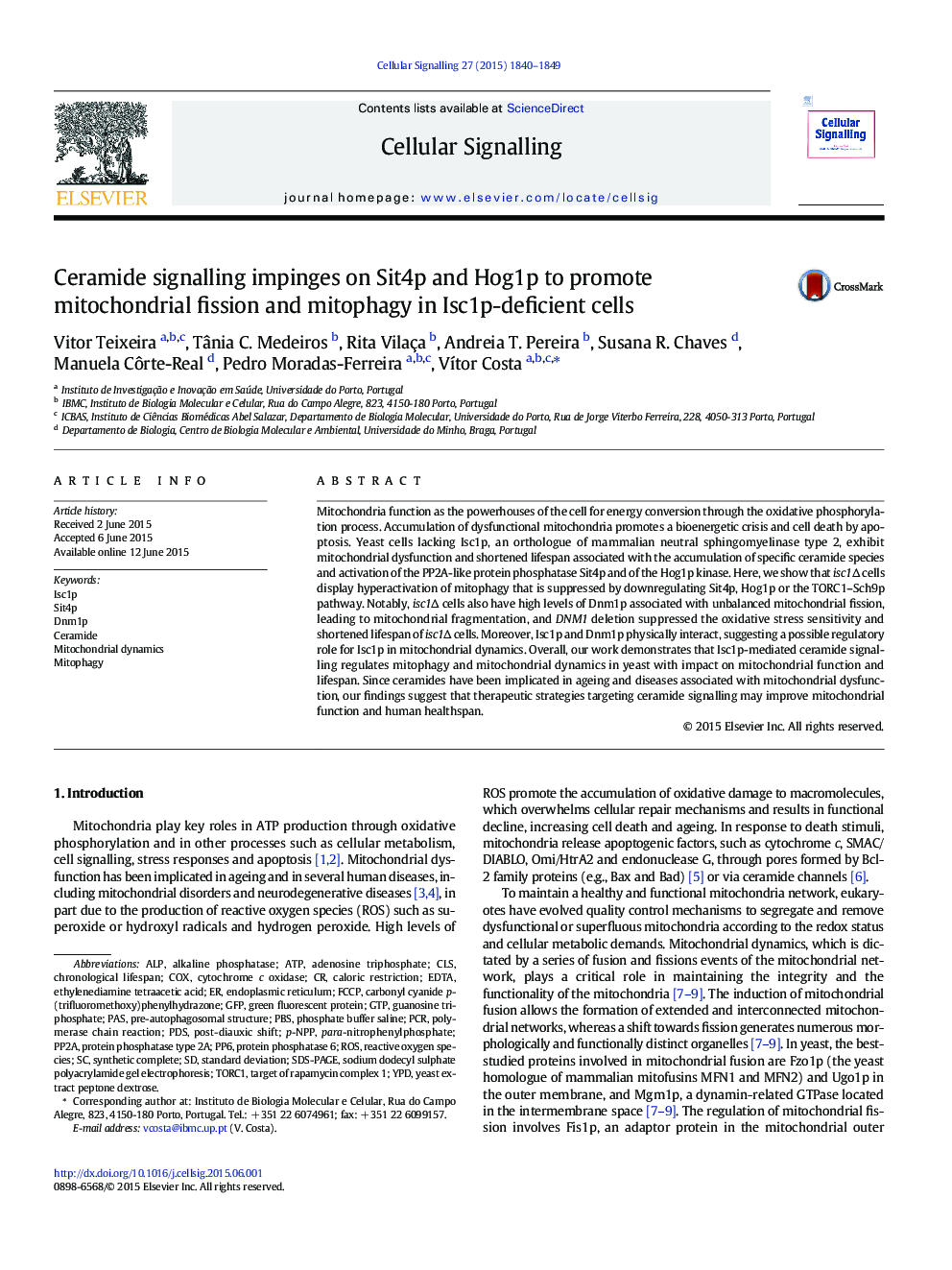 Ceramide signalling impinges on Sit4p and Hog1p to promote mitochondrial fission and mitophagy in Isc1p-deficient cells