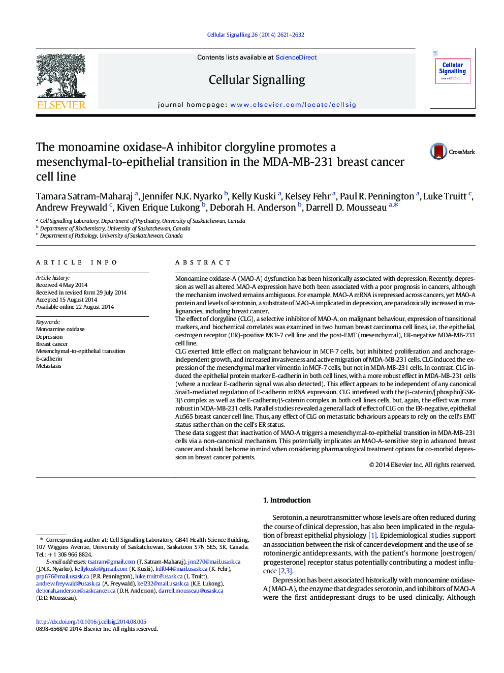 The monoamine oxidase-A inhibitor clorgyline promotes a mesenchymal-to-epithelial transition in the MDA-MB-231 breast cancer cell line