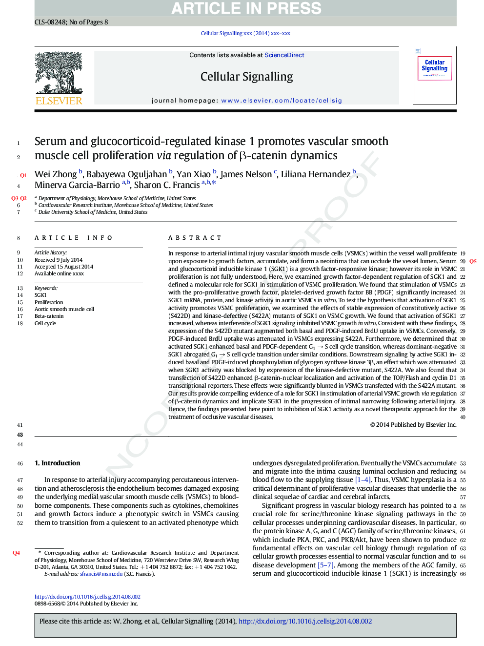 Serum and glucocorticoid-regulated kinase 1 promotes vascular smooth muscle cell proliferation via regulation of Î²-catenin dynamics