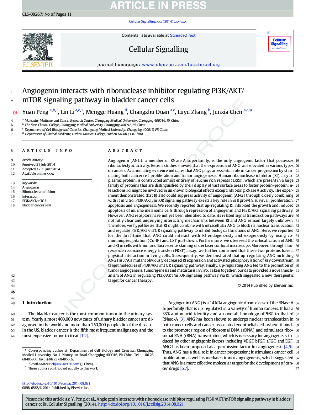 Angiogenin interacts with ribonuclease inhibitor regulating PI3K/AKT/mTOR signaling pathway in bladder cancer cells