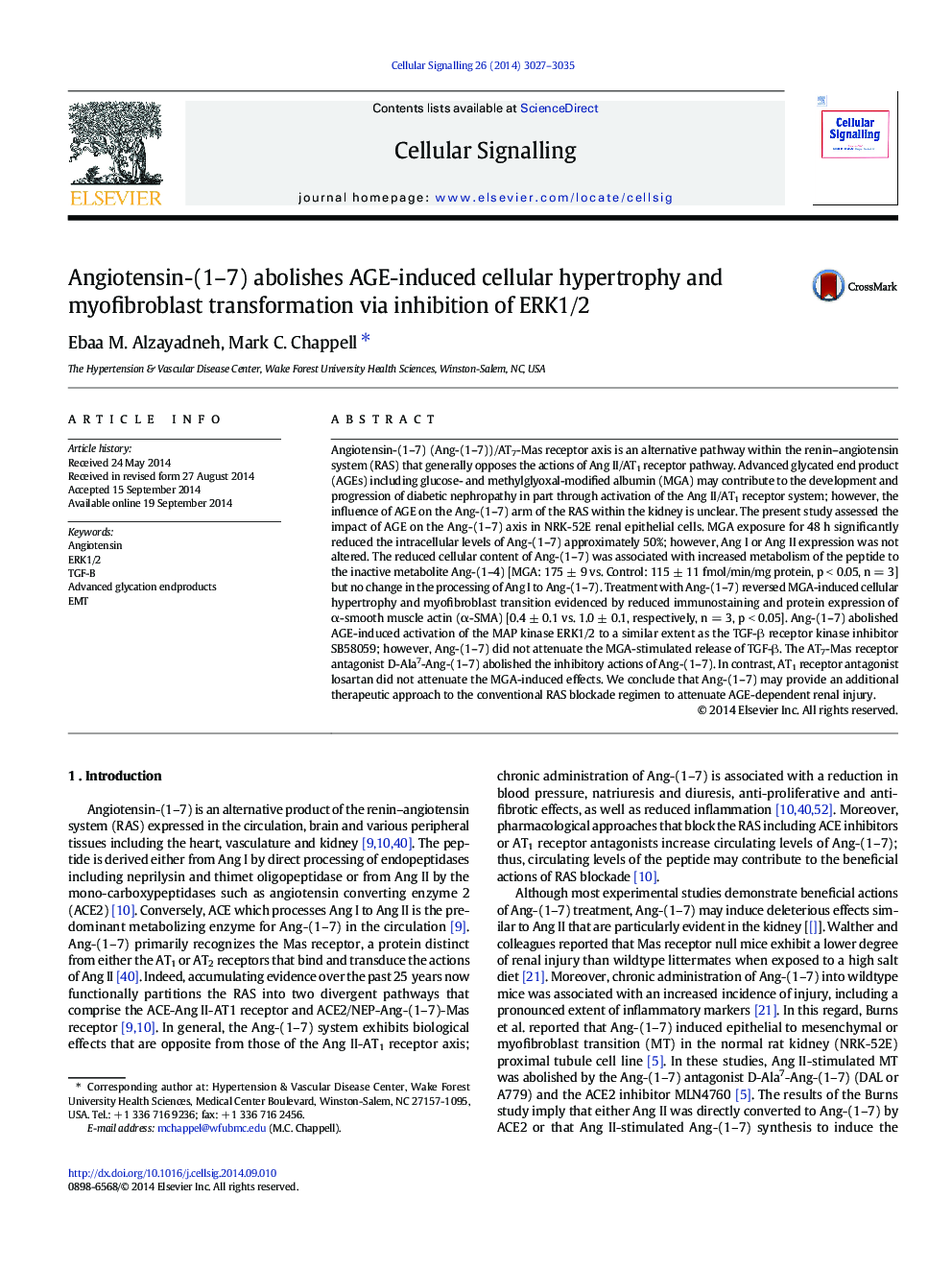 Angiotensin-(1-7) abolishes AGE-induced cellular hypertrophy and myofibroblast transformation via inhibition of ERK1/2