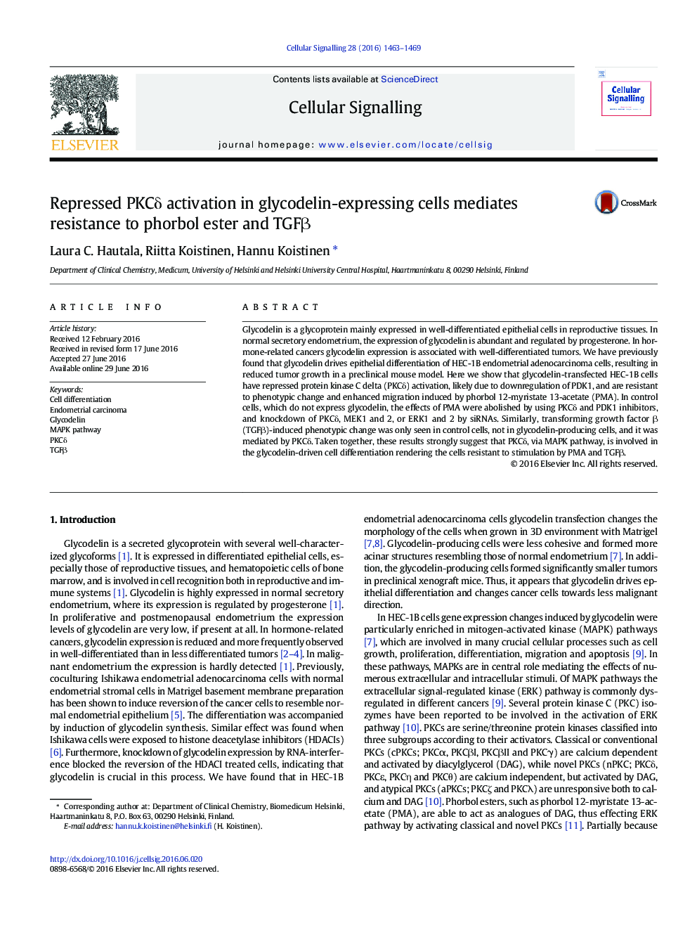 Repressed PKCÎ´ activation in glycodelin-expressing cells mediates resistance to phorbol ester and TGFÎ²