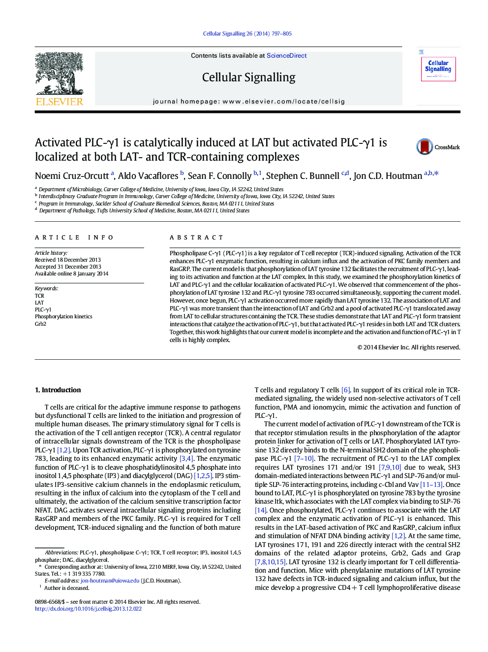 Activated PLC-Î³1 is catalytically induced at LAT but activated PLC-Î³1 is localized at both LAT- and TCR-containing complexes