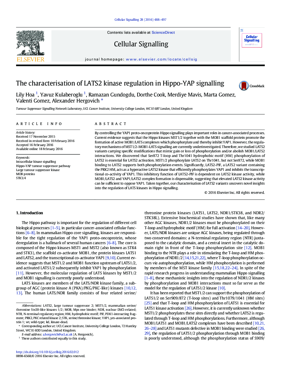 The characterisation of LATS2 kinase regulation in Hippo-YAP signalling