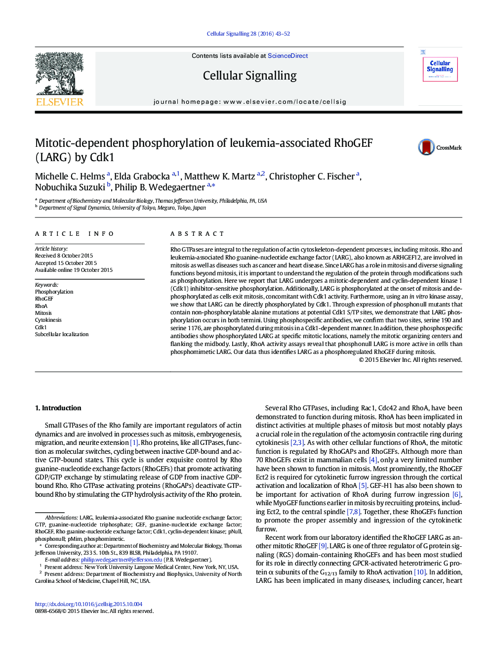 Mitotic-dependent phosphorylation of leukemia-associated RhoGEF (LARG) by Cdk1