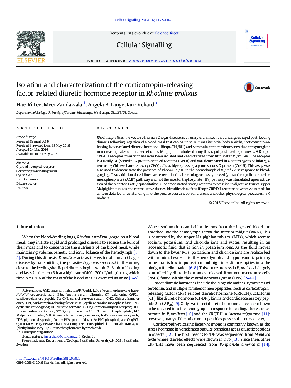 Isolation and characterization of the corticotropin-releasing factor-related diuretic hormone receptor in Rhodnius prolixus