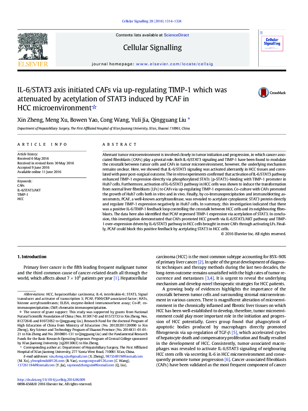 IL-6/STAT3 axis initiated CAFs via up-regulating TIMP-1 which was attenuated by acetylation of STAT3 induced by PCAF in HCC microenvironment