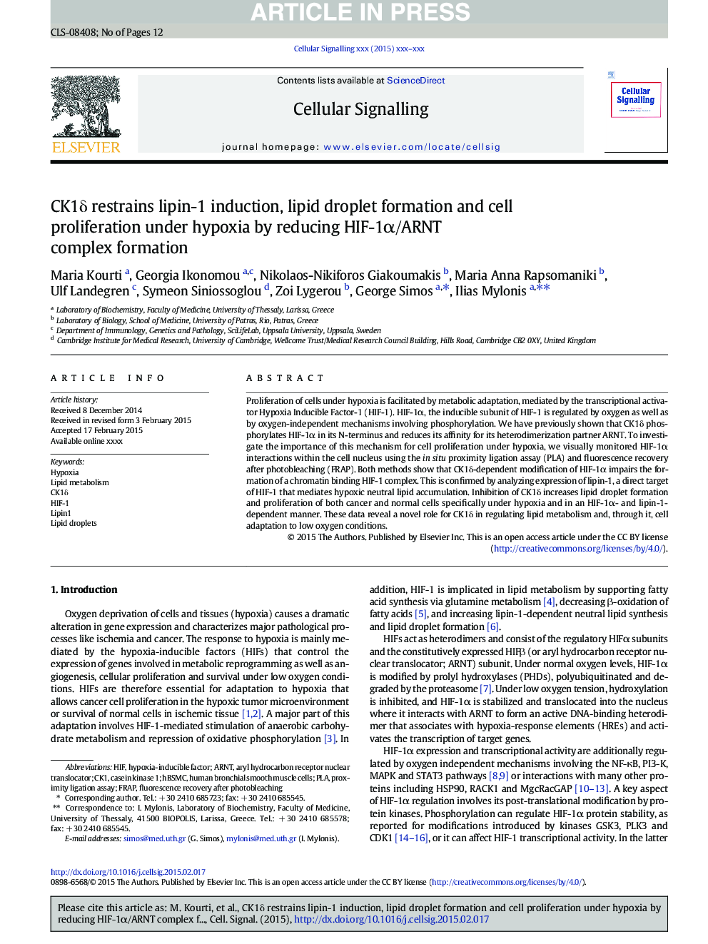 CK1Î´ restrains lipin-1 induction, lipid droplet formation and cell proliferation under hypoxia by reducing HIF-1Î±/ARNT complex formation