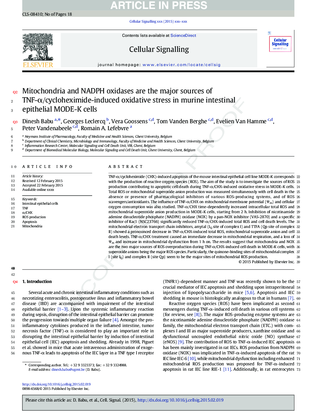 Mitochondria and NADPH oxidases are the major sources of TNF-Î±/cycloheximide-induced oxidative stress in murine intestinal epithelial MODE-K cells