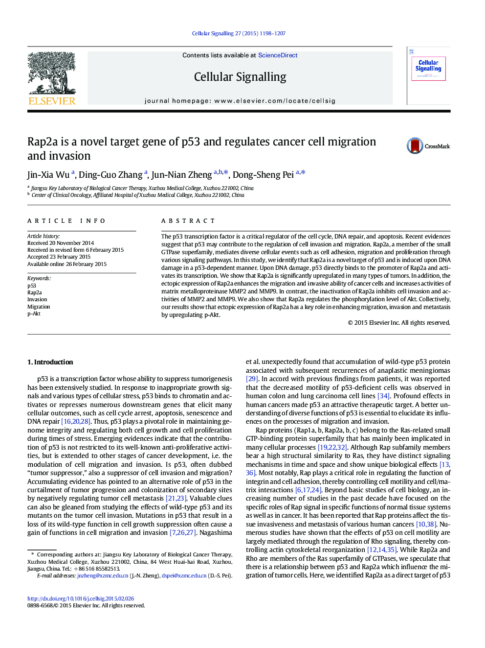 Rap2a is a novel target gene of p53 and regulates cancer cell migration and invasion