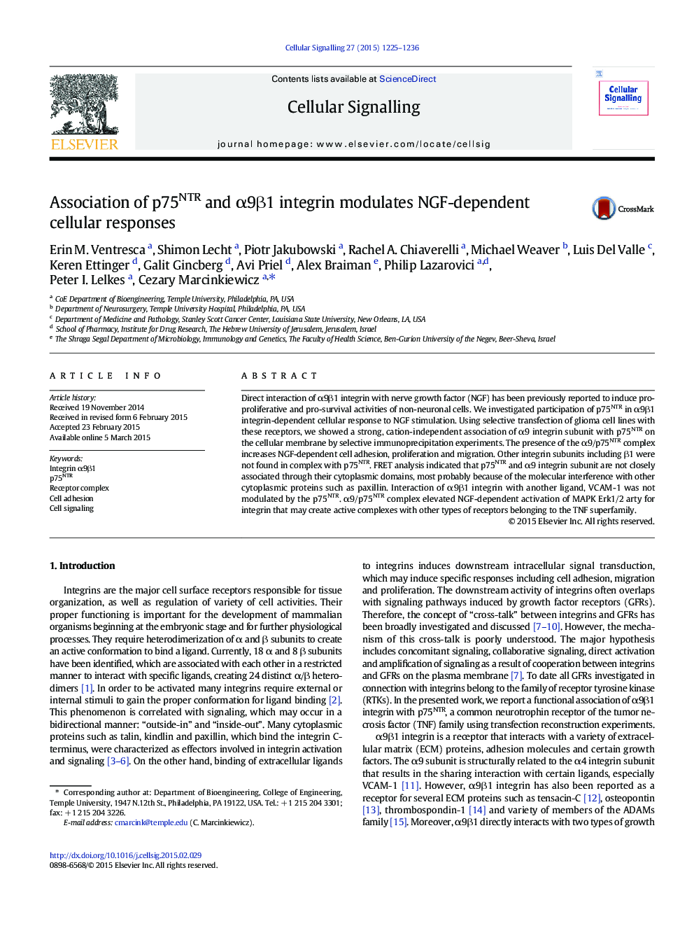 Association of p75NTR and Î±9Î²1 integrin modulates NGF-dependent cellular responses