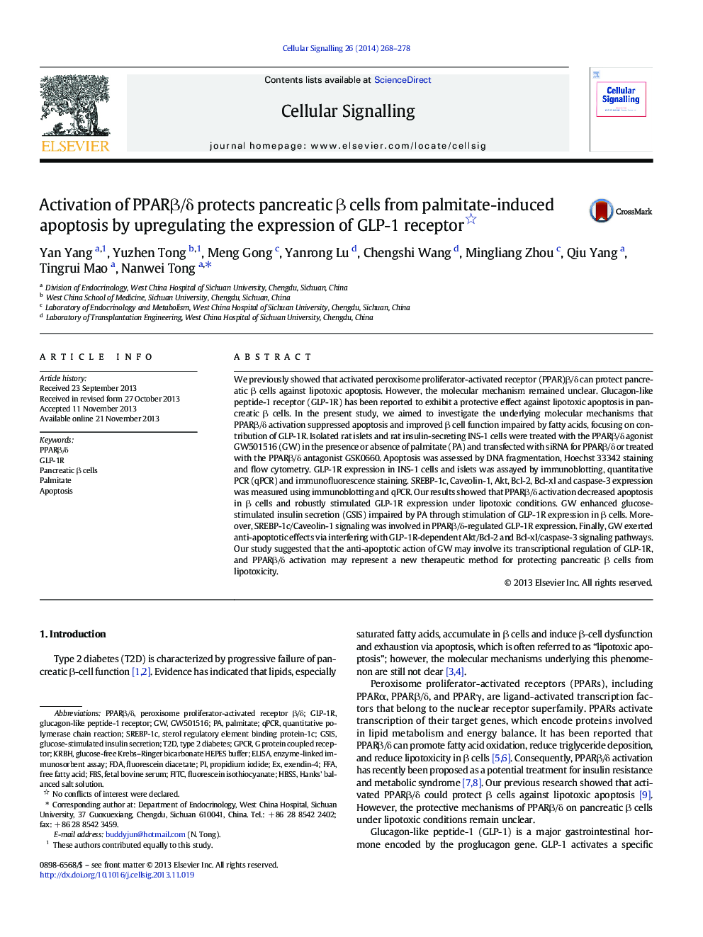 Activation of PPARÎ²/Î´ protects pancreatic Î² cells from palmitate-induced apoptosis by upregulating the expression of GLP-1 receptor