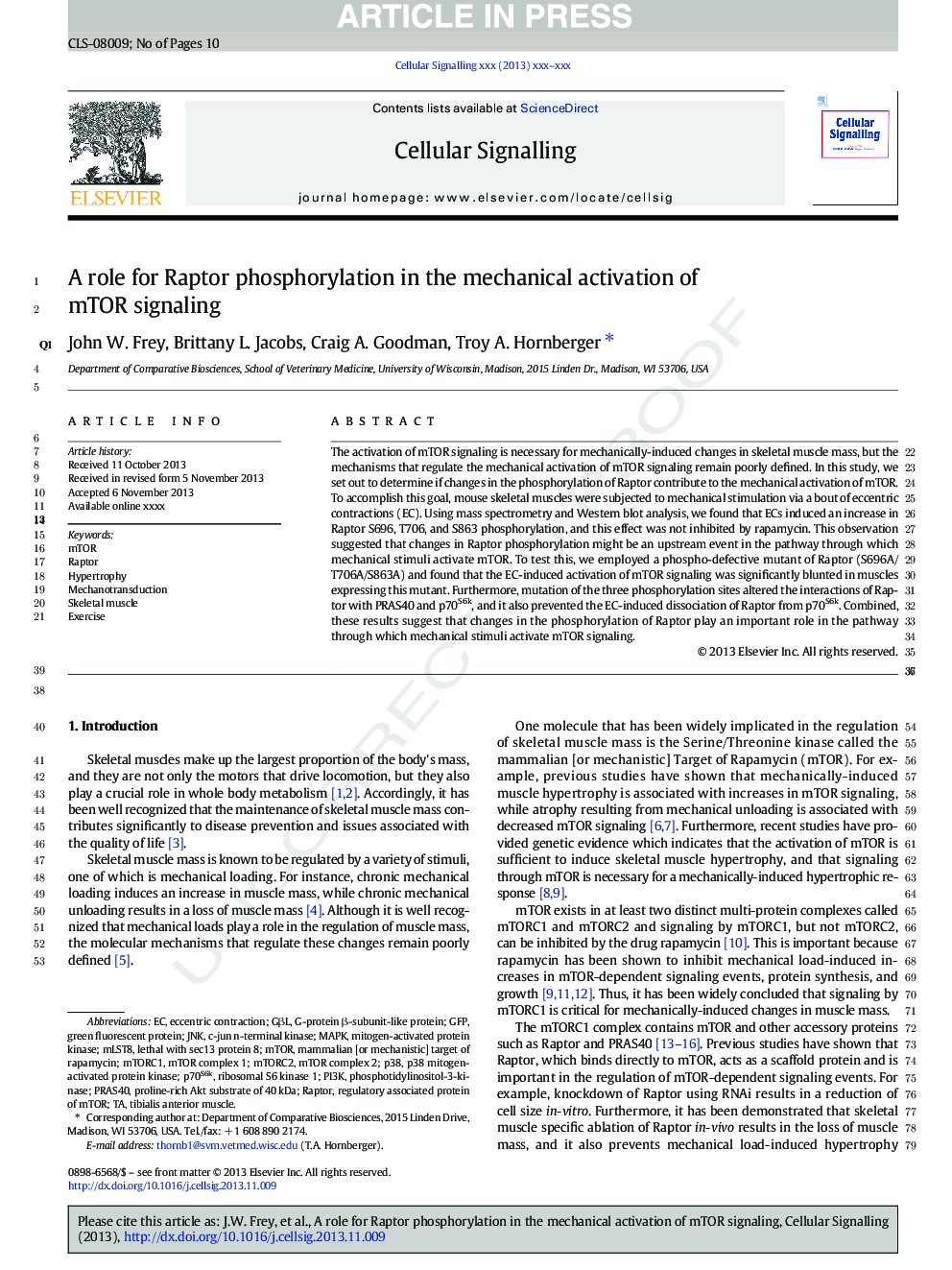 A role for Raptor phosphorylation in the mechanical activation of mTOR signaling