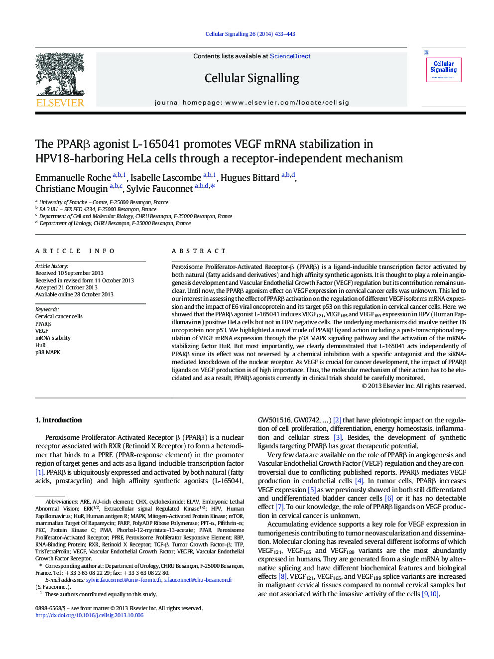 The PPARÎ² agonist L-165041 promotes VEGF mRNA stabilization in HPV18-harboring HeLa cells through a receptor-independent mechanism