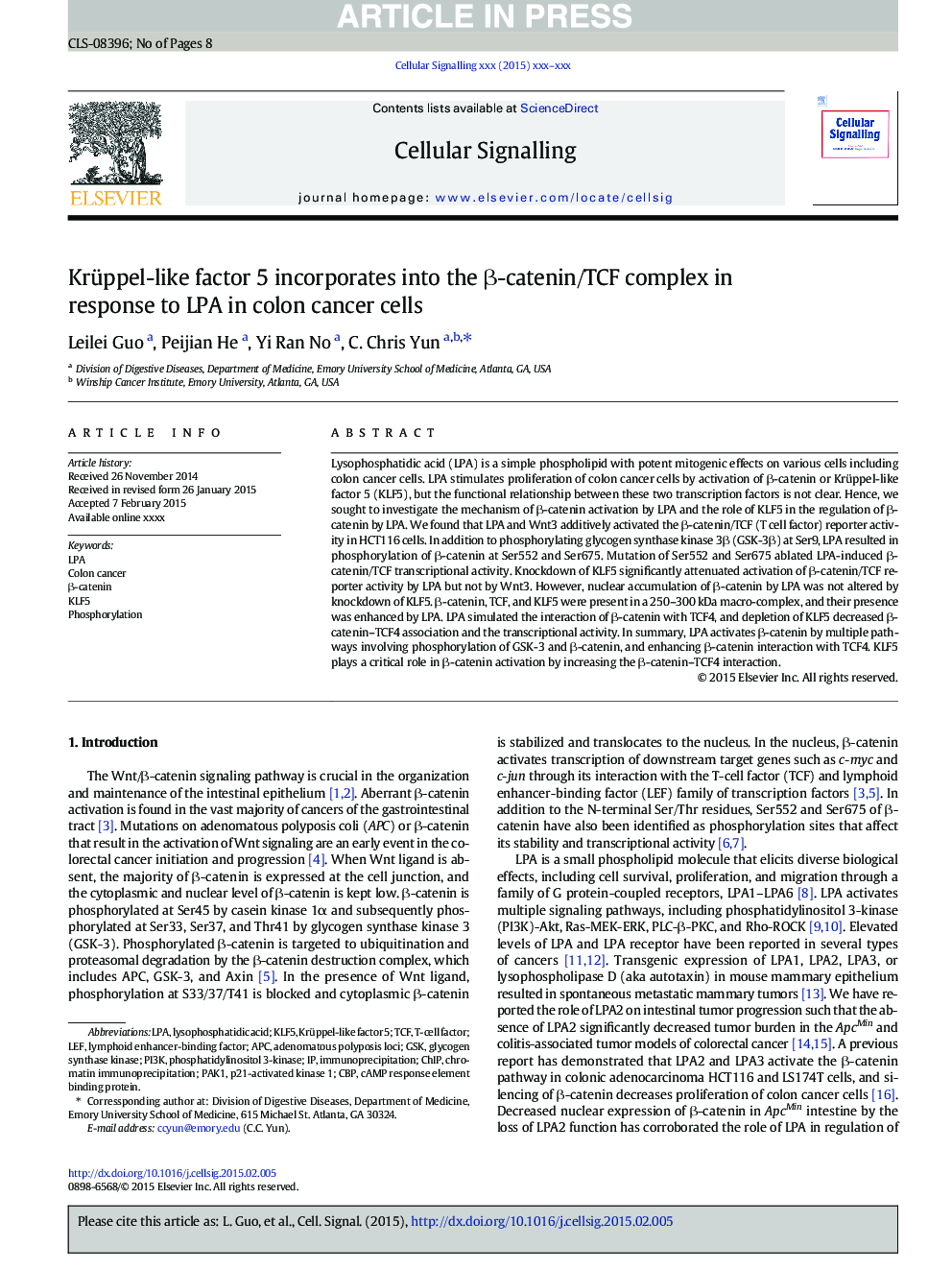 Krüppel-like factor 5 incorporates into the Î²-catenin/TCF complex in response to LPA in colon cancer cells