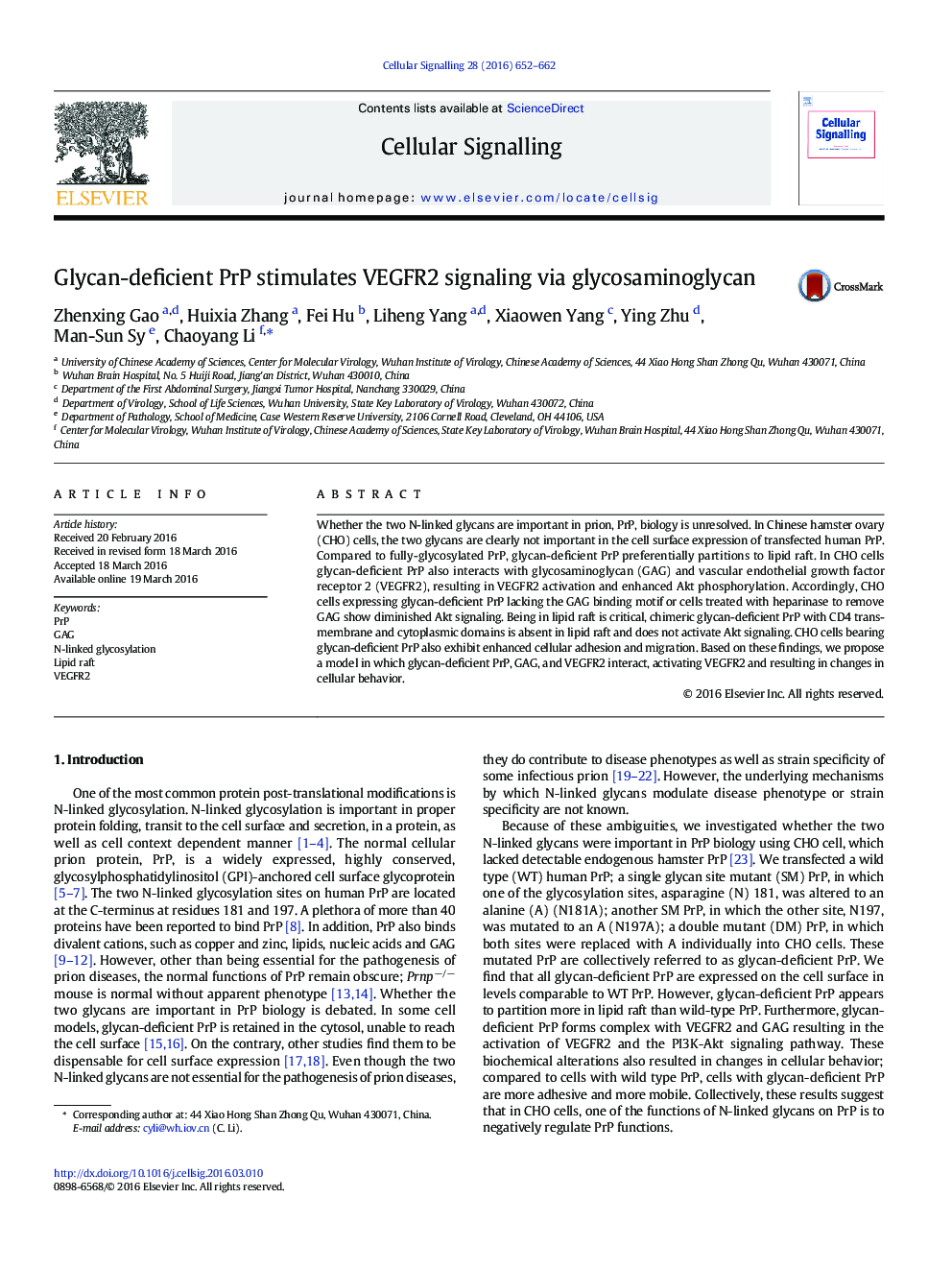 Glycan-deficient PrP stimulates VEGFR2 signaling via glycosaminoglycan