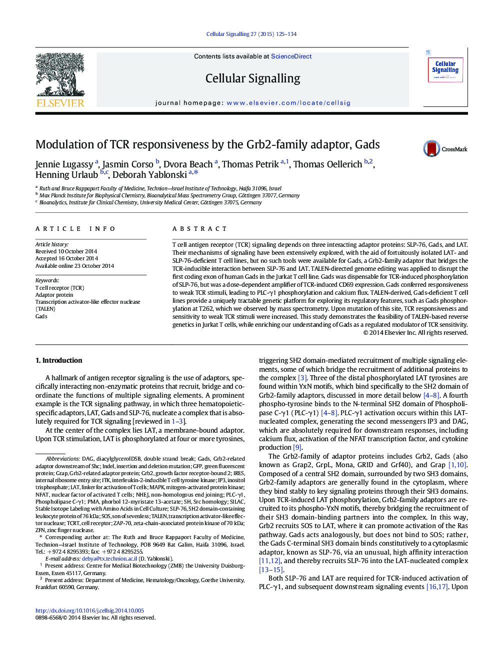 Modulation of TCR responsiveness by the Grb2-family adaptor, Gads