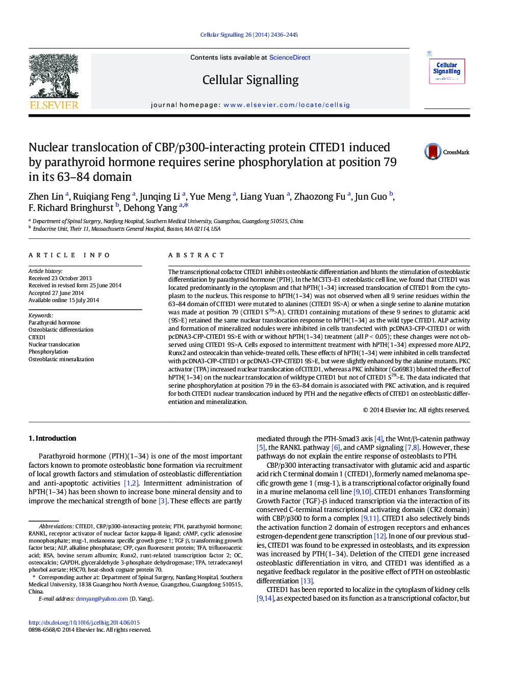 Nuclear translocation of CBP/p300-interacting protein CITED1 induced by parathyroid hormone requires serine phosphorylation at position 79 in its 63-84 domain