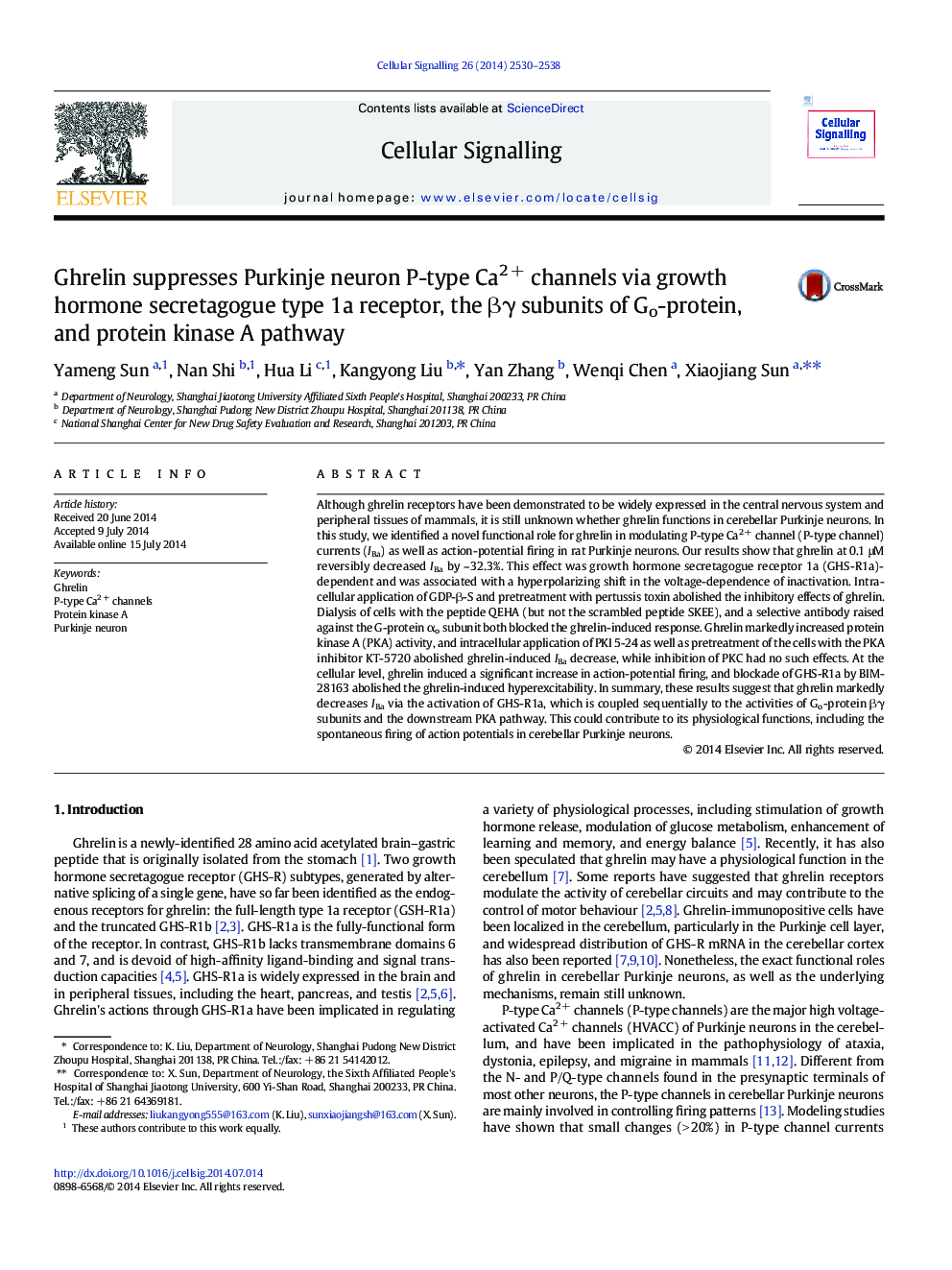 Ghrelin suppresses Purkinje neuron P-type Ca2Â + channels via growth hormone secretagogue type 1a receptor, the Î²Î³ subunits of Go-protein, and protein kinase A pathway