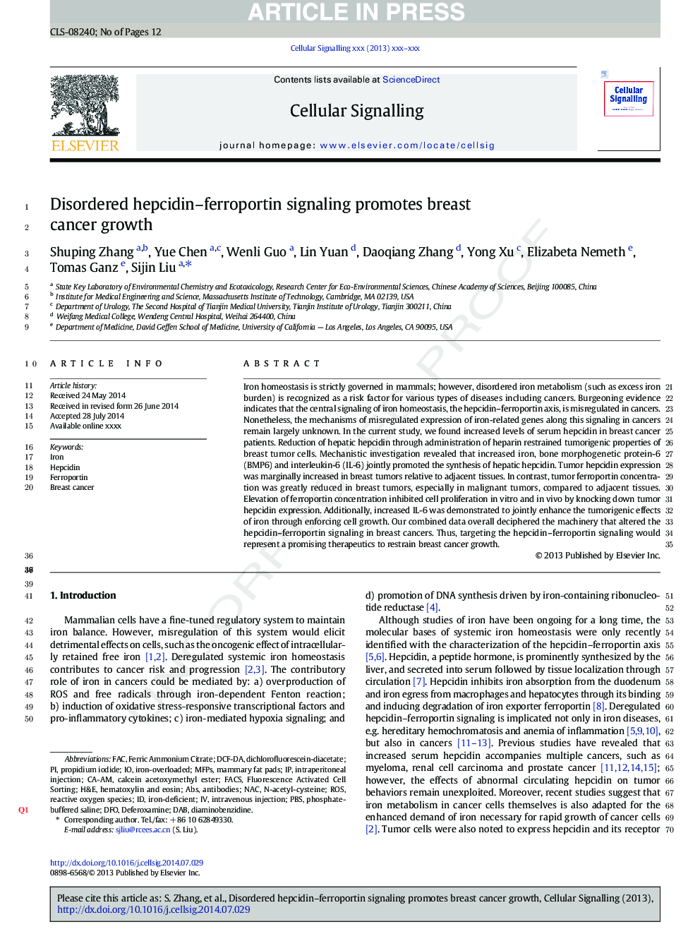 Disordered hepcidin-ferroportin signaling promotes breast cancer growth