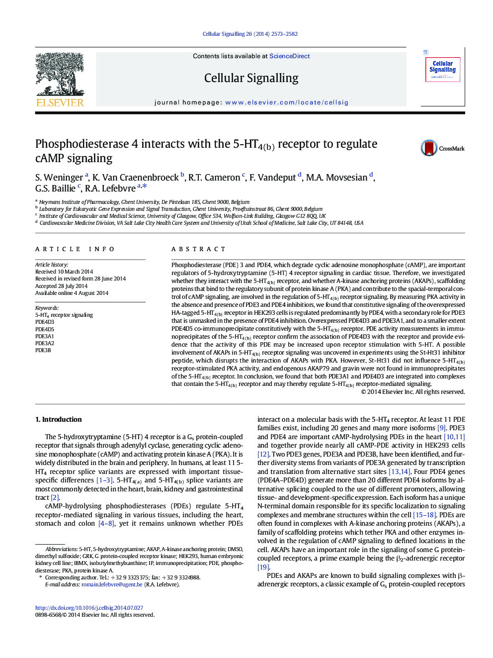 Phosphodiesterase 4 interacts with the 5-HT4(b) receptor to regulate cAMP signaling