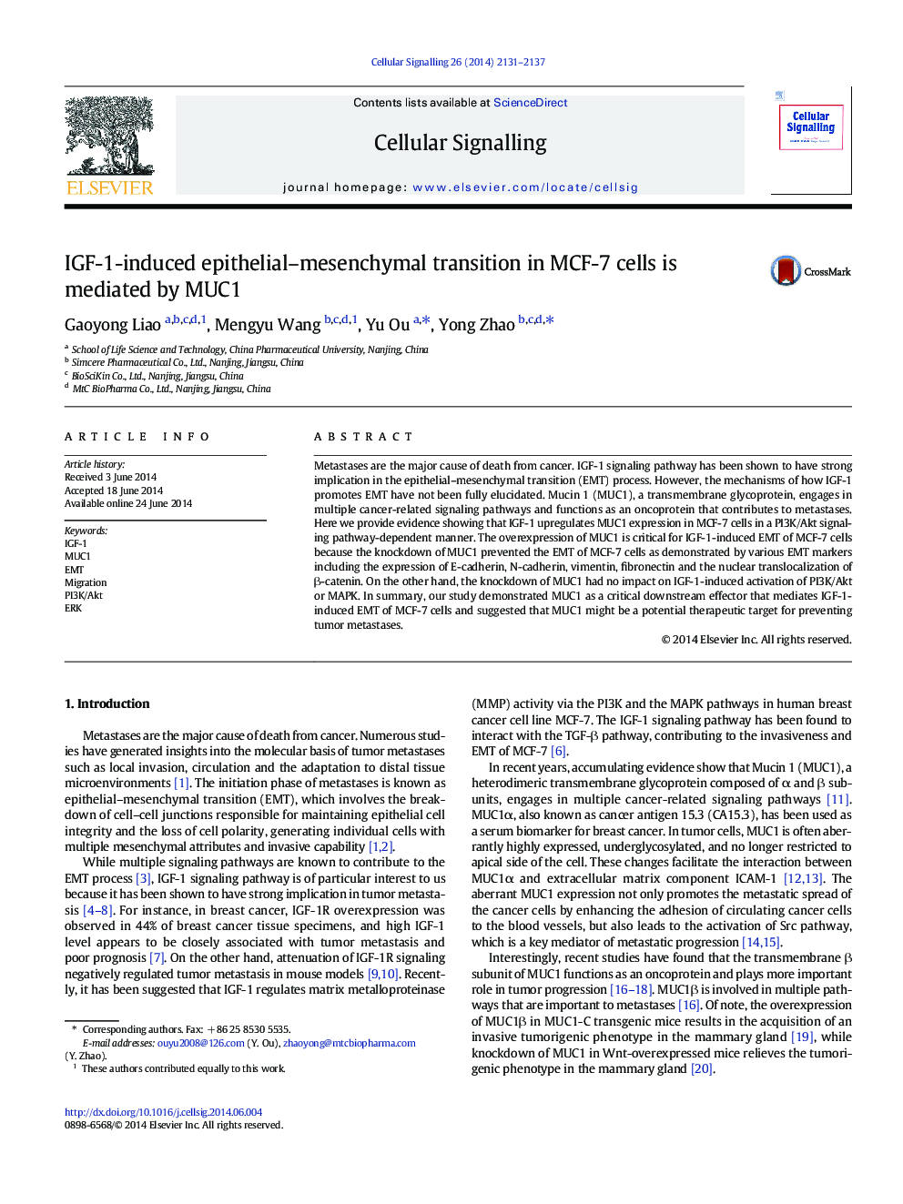 IGF-1-induced epithelial-mesenchymal transition in MCF-7 cells is mediated by MUC1