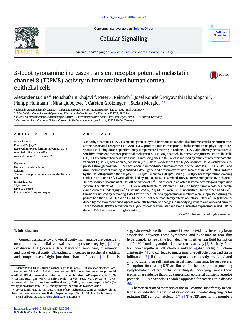 3-Iodothyronamine increases transient receptor potential melastatin channel 8 (TRPM8) activity in immortalized human corneal epithelial cells