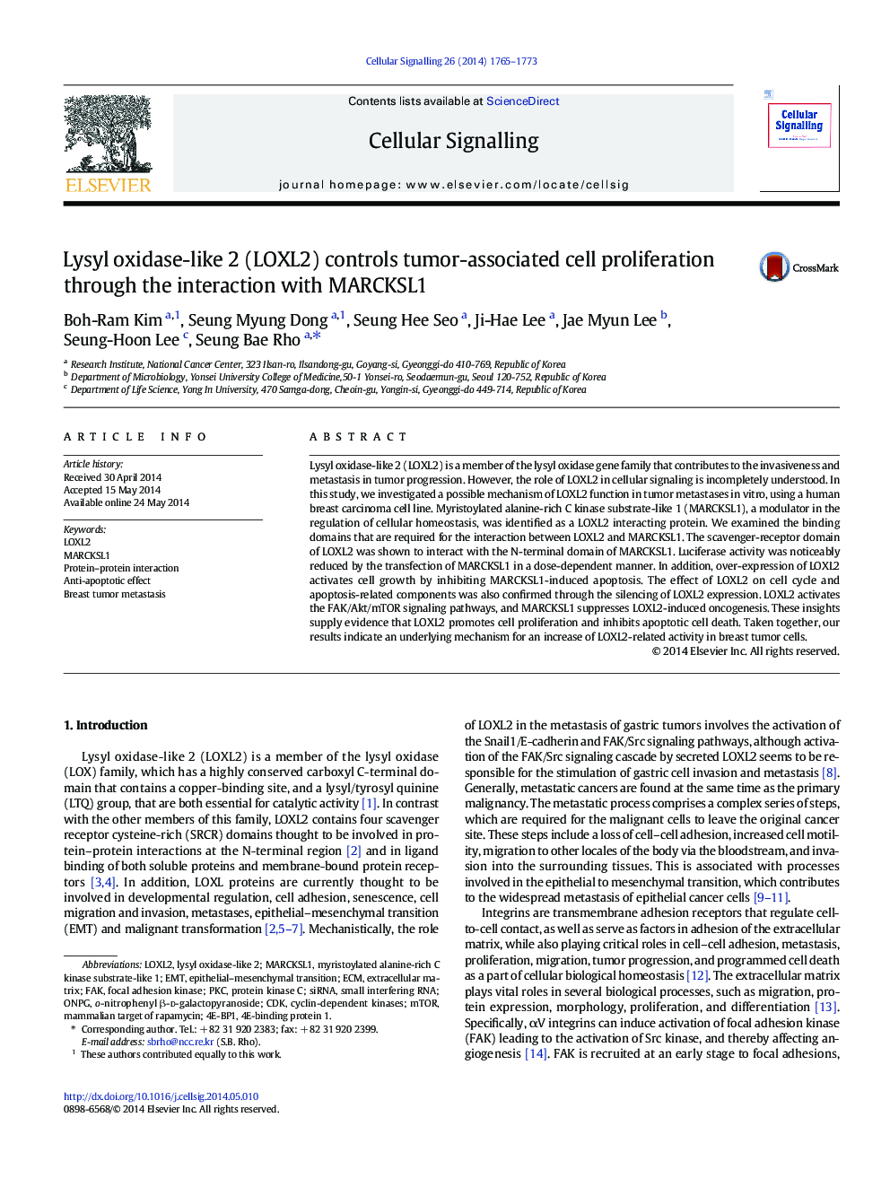 Lysyl oxidase-like 2 (LOXL2) controls tumor-associated cell proliferation through the interaction with MARCKSL1