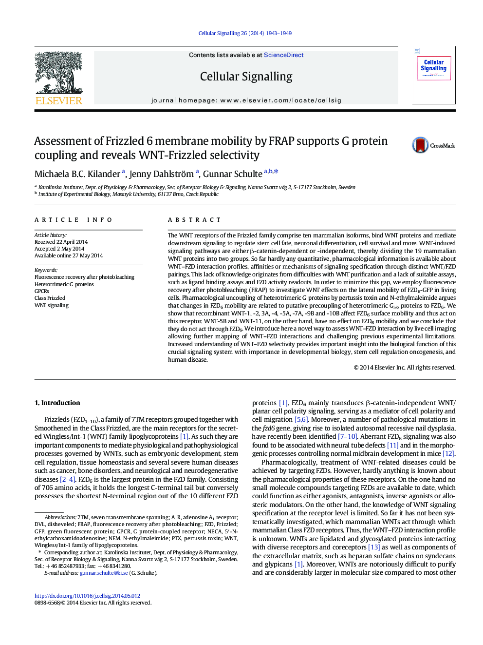 Assessment of Frizzled 6 membrane mobility by FRAP supports G protein coupling and reveals WNT-Frizzled selectivity