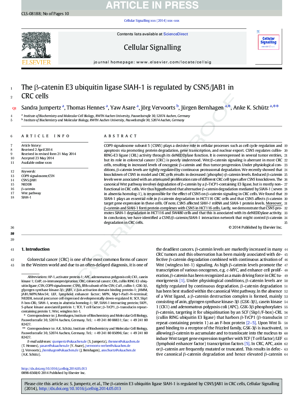 The Î²-catenin E3 ubiquitin ligase SIAH-1 is regulated by CSN5/JAB1 in CRC cells