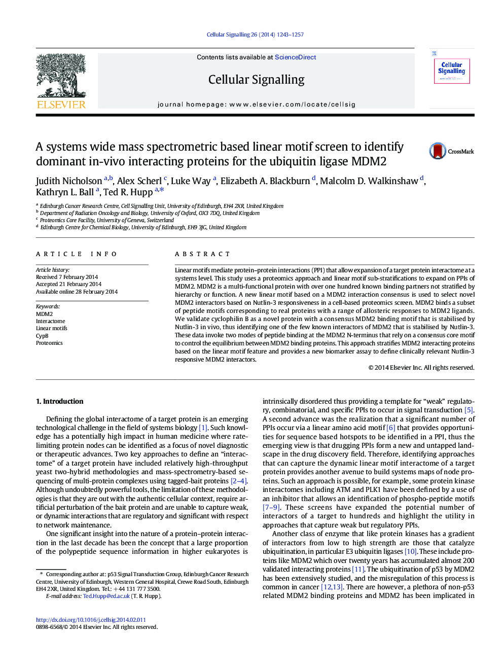 A systems wide mass spectrometric based linear motif screen to identify dominant in-vivo interacting proteins for the ubiquitin ligase MDM2