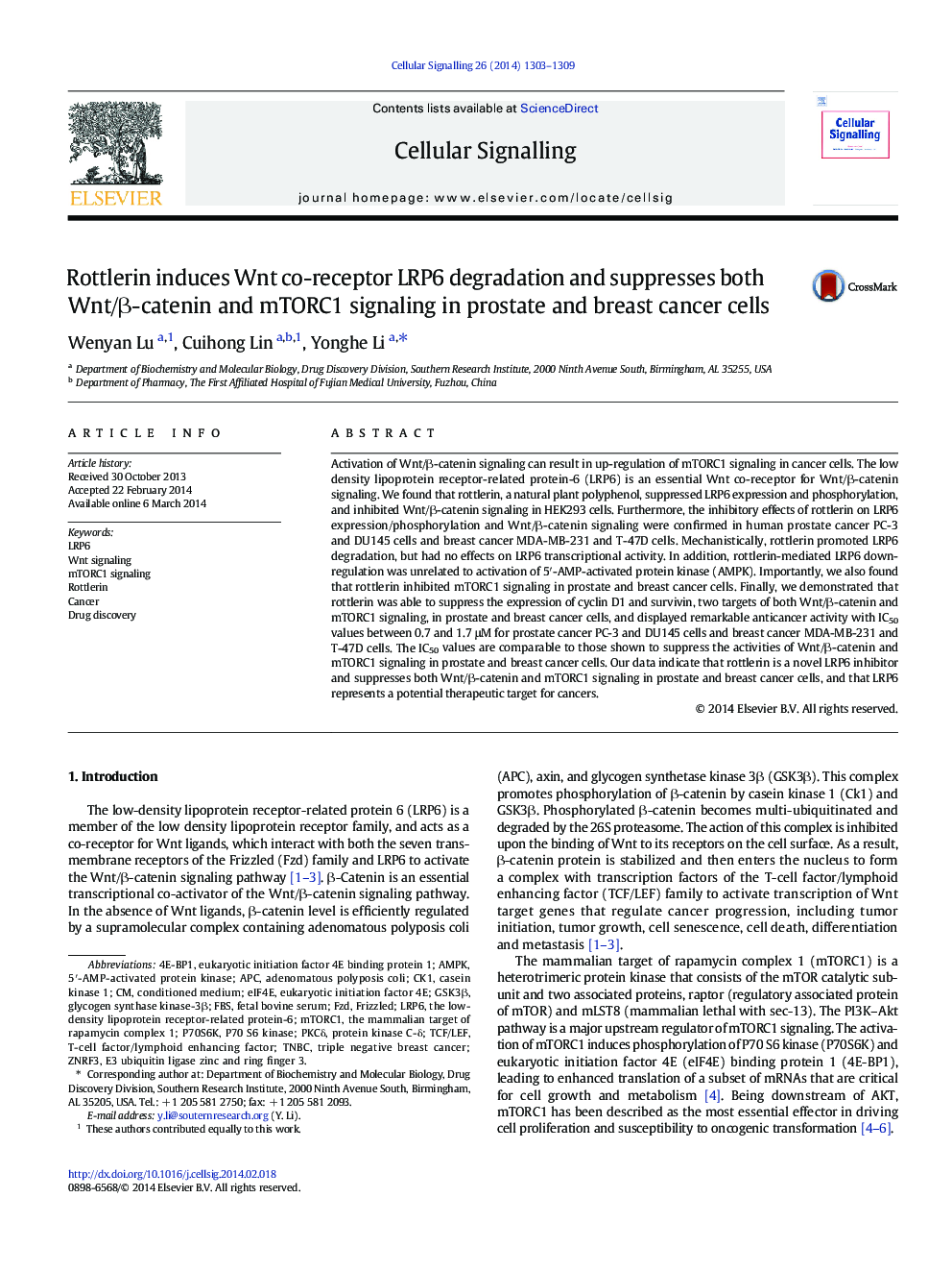 Rottlerin induces Wnt co-receptor LRP6 degradation and suppresses both Wnt/Î²-catenin and mTORC1 signaling in prostate and breast cancer cells