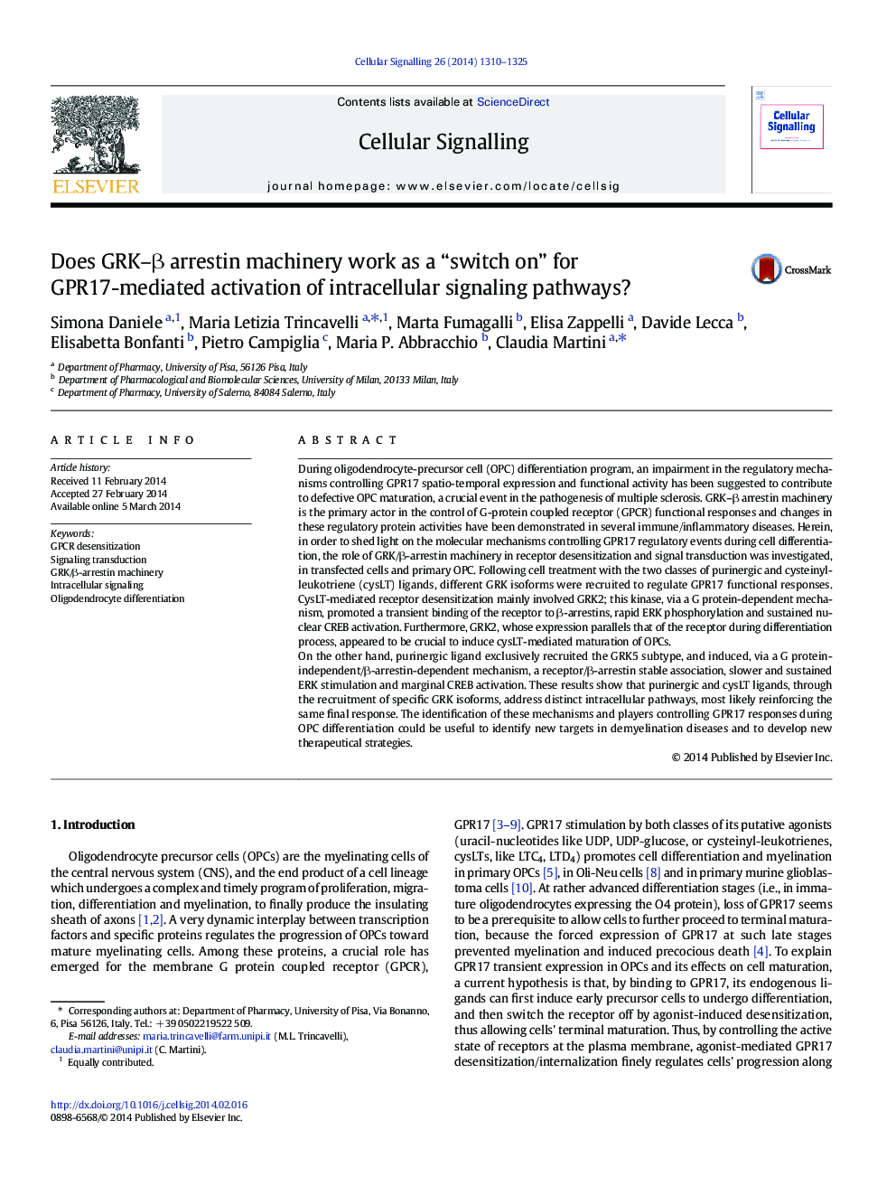 Does GRK-Î² arrestin machinery work as a “switch on” for GPR17-mediated activation of intracellular signaling pathways?